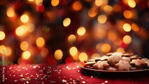 Festive Holiday Cookies on a Plate with Warm Bokeh Lights Background, Horizontal Poster or Sign with Open Empty Copy Space for Text 