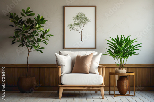 Picture a minimalist retreat for your creativity. See an empty frame in a simple living room mockup, providing an elegant space to showcase your personal touch. © HASHMAT