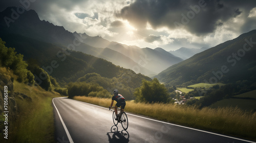 A photo captures a cyclist racing through mountainous terrain against a breathtaking natural backdrop, blending the thrill of the race with the beauty of the landscape. photo