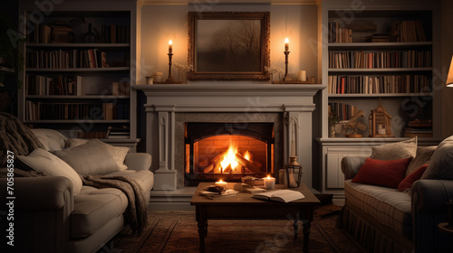 A high-quality photo conveys the essence of a cozy living room, featuring a warm fireplace glow, soft blankets for cuddling, and gentle lighting that envelops you in warmth and relaxation. © Виталий Зубченко