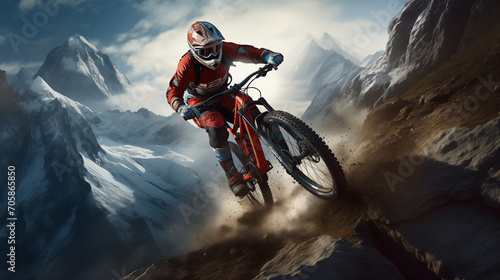 Digital art portrays a cyclist racing through mountainous terrain against a breathtaking backdrop, capturing both adrenaline and natural beauty in a visually stunning composition.