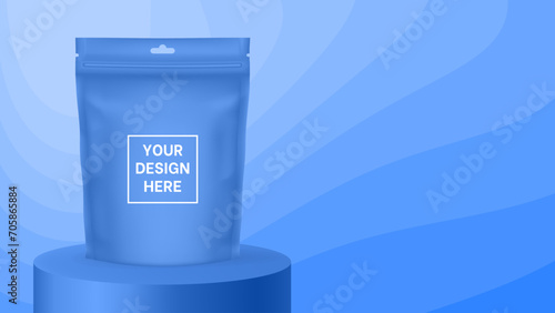 Zip bag or pouch mockup on a blue abstract background. Wavy pattern and gradient shades, dynamic curve shape. Vector illustration with editable colors. Product display. Foil bag, plastic sachet