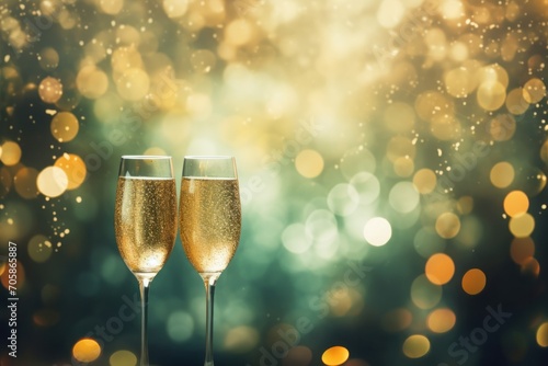 Celebratory Champagne Toast Against Glittering Bokeh Background Poster or Sign with Open Empty Copy Space for Text 