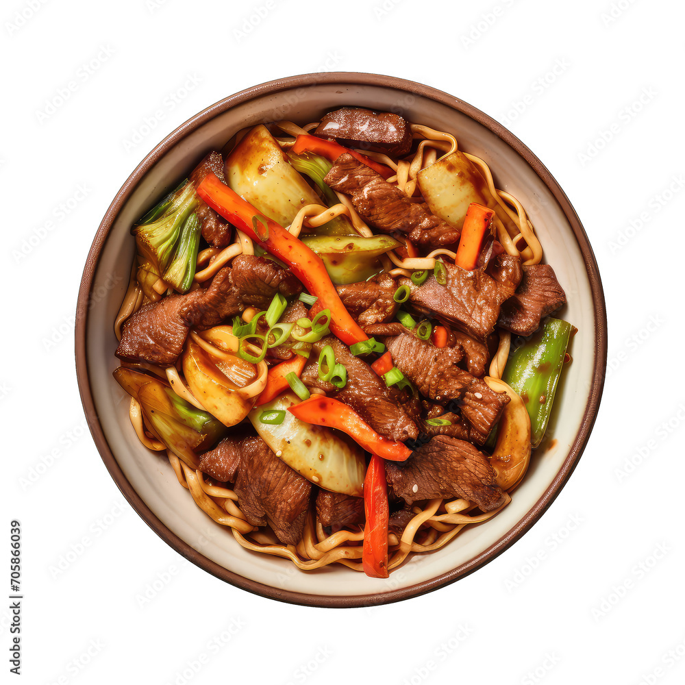 Beef Lo Mein, dish made from beef and noodles on transparent background Beef Lo Mein, dish made from beef and noodles on transparent background
