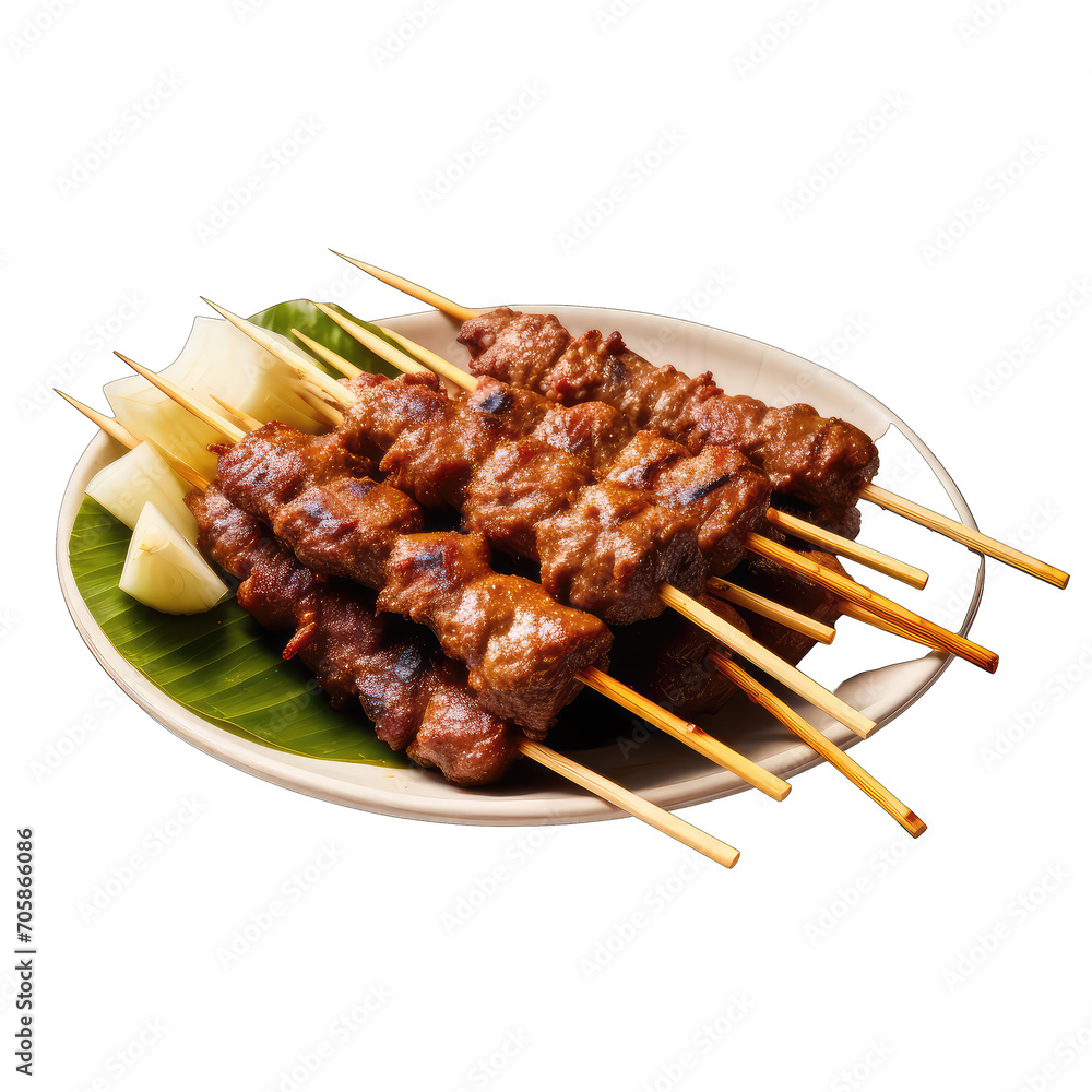 Beef Satay, Skewered and grilled beef on transparent background