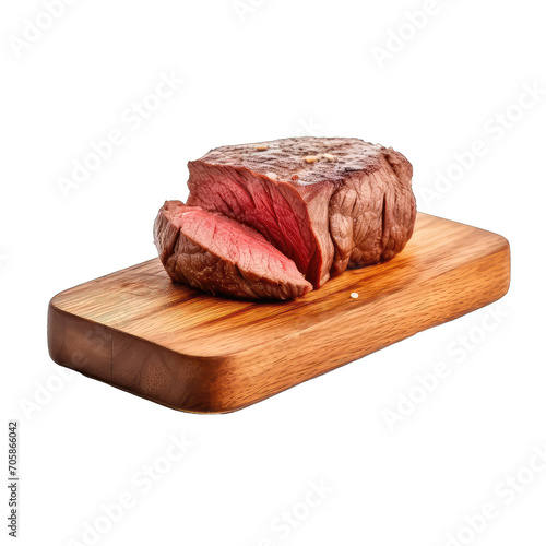 Beef on Wooden cutting board side view on transparent background