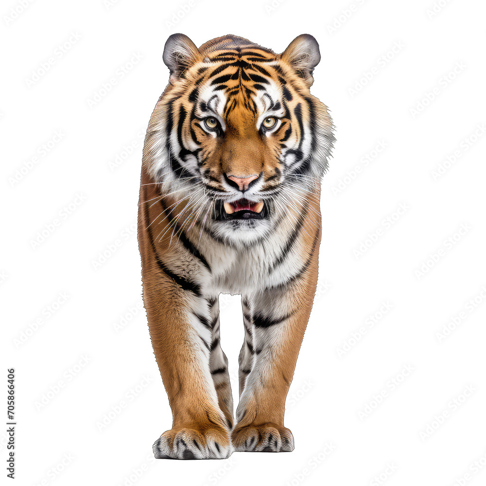 Fototapeta premium Bengal Tiger frontview - ferocious, dangerous predator on transparent background