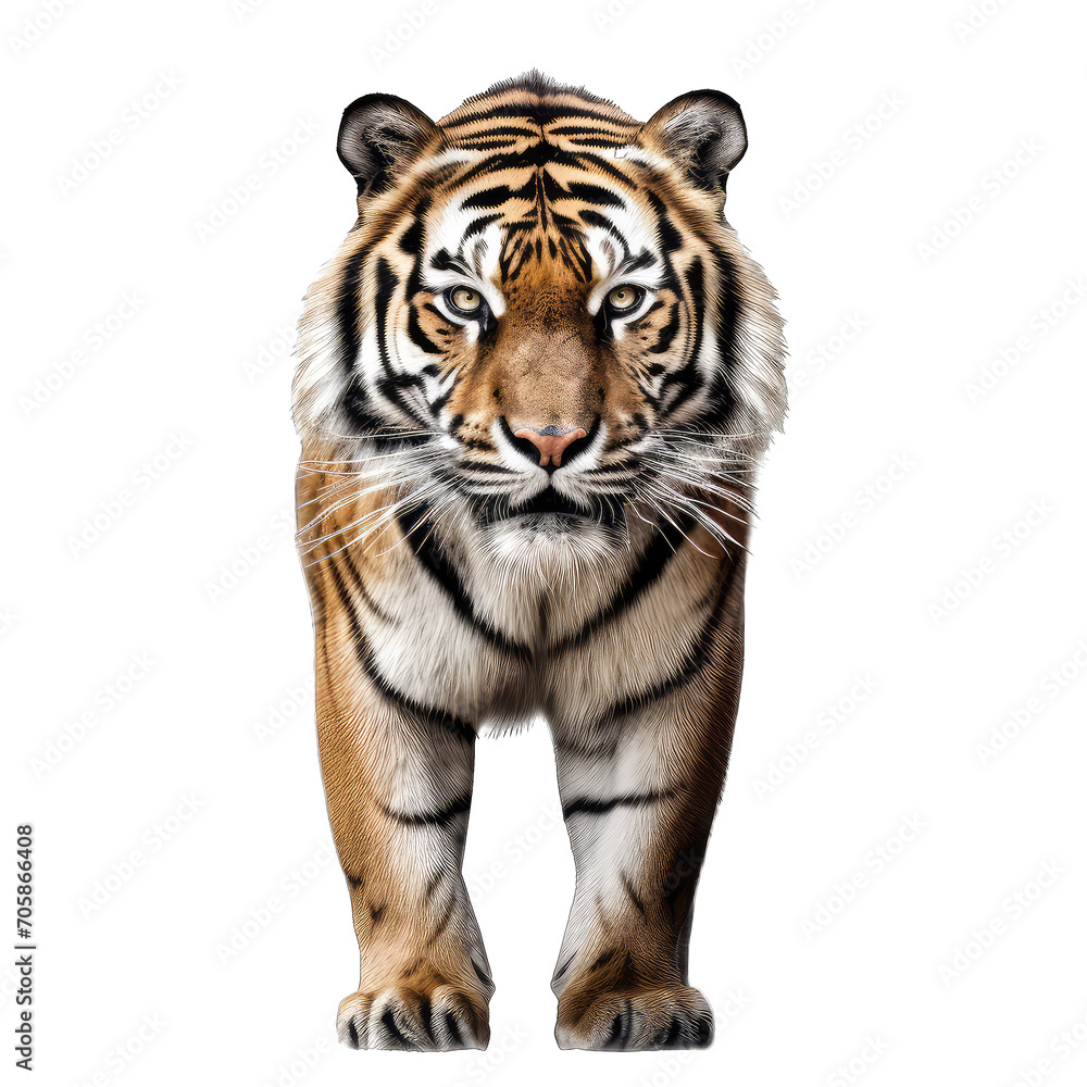 Bengal Tiger frontview - ferocious, dangerous predator on transparent background