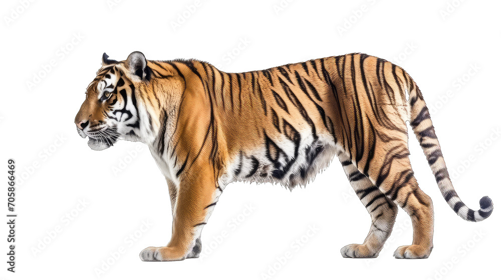 Bengal Tiger sideview - ferocious, dangerous predator on transparent background