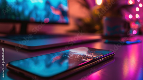 Smartphone on a desk radiating with colorful lights reflecting on the surface