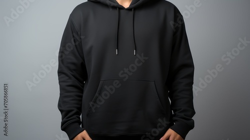 Black hoodie mockup template, front view of man in black hoodie, isolated on white wall