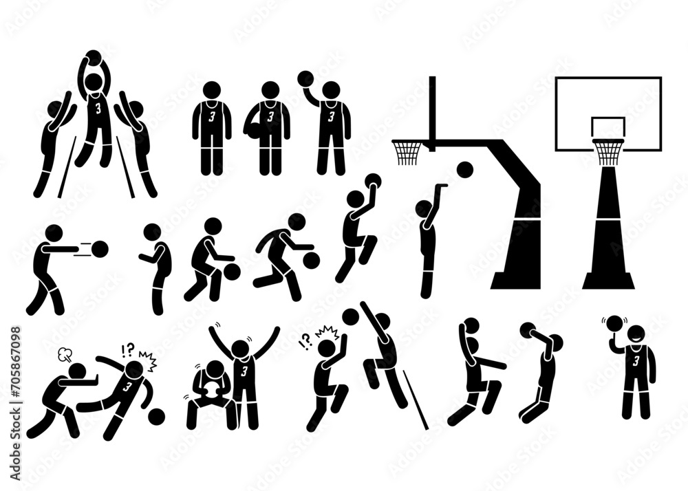 basketball players. player poses. stickman going to score illustration
