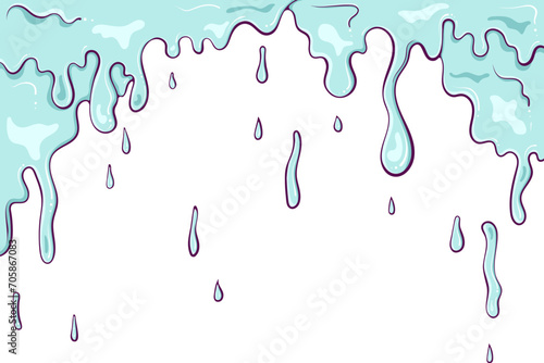 Dripping liquid, slime, paint. Water drops, falling waterfall and teardrop. Vector illustration in hand drawn cartoon style. Simple color graphic isolated on white. Splatter motion fluid design