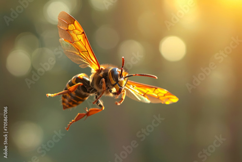 Majestic hornet in flight, a dynamic image capturing the powerful and agile flight of a hornet.