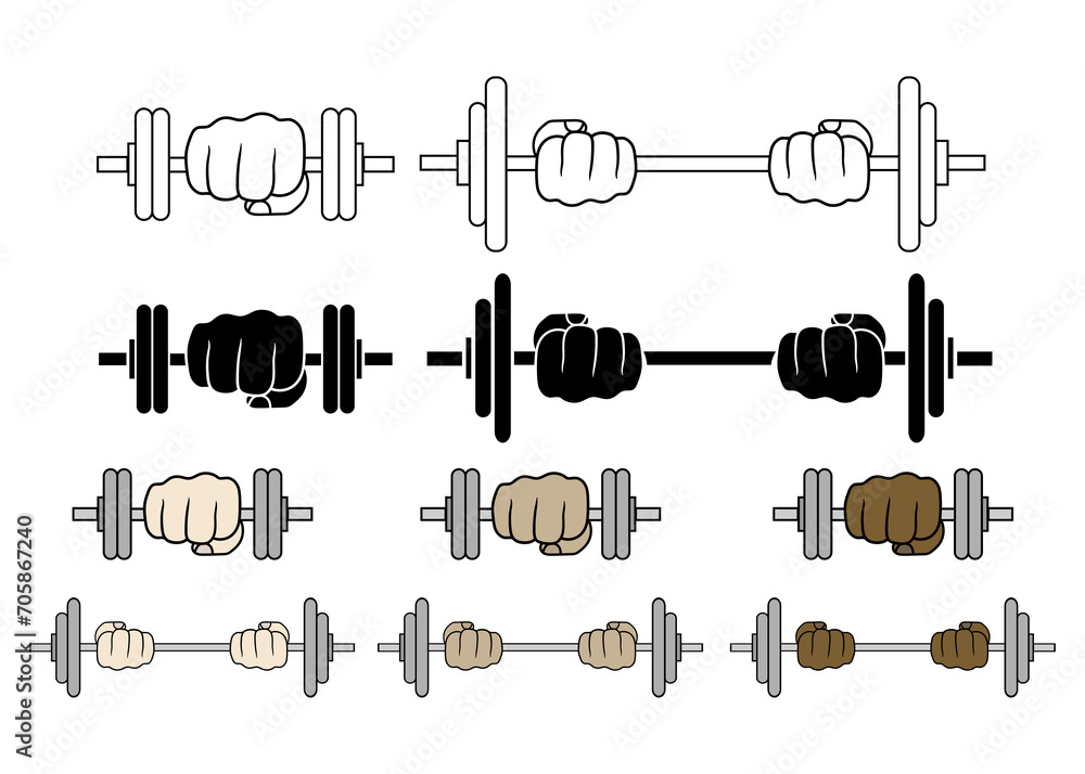 hand holding dumbbell. Fitness workout. Barbell and strong hand fist. Powerlifting. icons hand holding dumbbell. Fitness workout. Barbell and strong hand fist. Powerlifting. icons