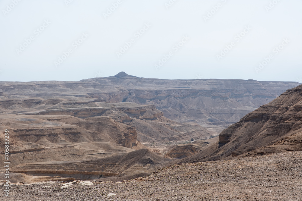 Desert nature landscape with volcanic rocks. Negev Desert in southern Israel during the summer.