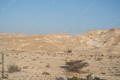 Negev Desert landscape in southern Israel during the summer. Desert volcanic rocks nature