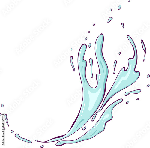 Rounded splashes of water or paint. Spray of fountain. Splash water motion. Vector illustration in hand drawn cartoon style. Simple color graphic isolated on white.
