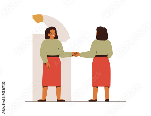 Woman shakes hands with her inner female. Be Kind and positive regard for yourself. Mental health concept of self-directed improvement of oneself. Girl is feeling good about ourselves and capabilities