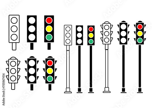 Traffic lights icon set. Coloured traffic light. minimalist flat design. Transportation control