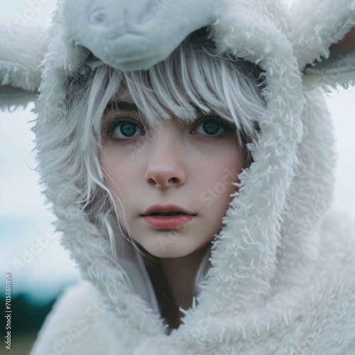 A Close Up Shot of a Woman in a Sheep Cosplay - Girl Sheep Costume Background created with Generative AI Technology