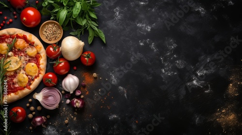 Savory pizza on black stone with fresh ingredients, top view, empty space for text placement