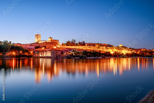 General view of the city of Zamora, Castilla y León, Spain, at dusk from the Duero River photo