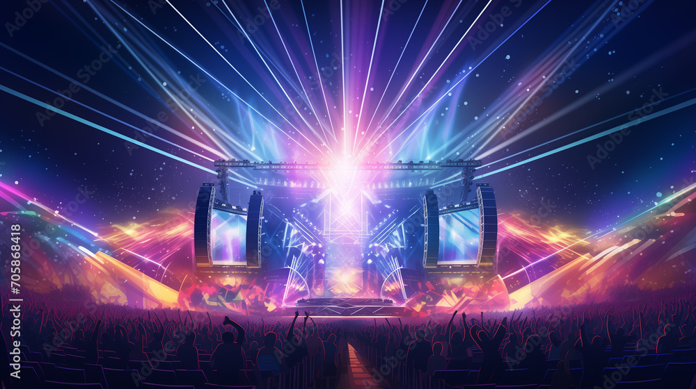 A music festival with a brightly lit stage, Ai generated image. - obrazy, fototapety, plakaty 