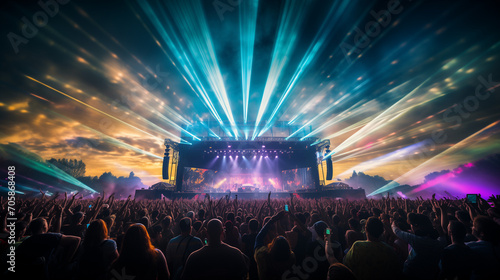 A music festival with a brightly lit stage, Ai generated image.
