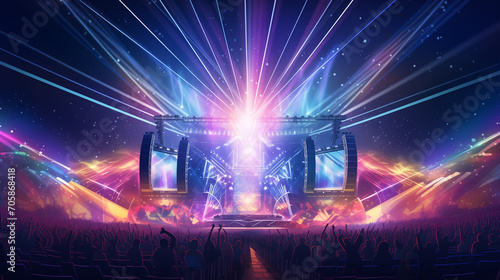 A music festival with a brightly lit stage, Ai generated image. photo