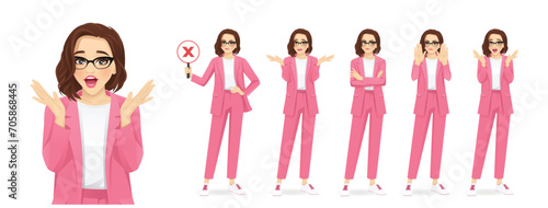 Portrait of casual beautiful business woman showing negative emotions with different gestures set isolated vector illustration