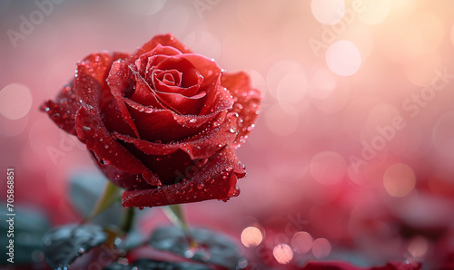 Romantic Valentine s Day Design  Red Rose on Pink Background with Bokeh Lights  Perfect for Love Messages with Elegant Space to Personalize Your Text.