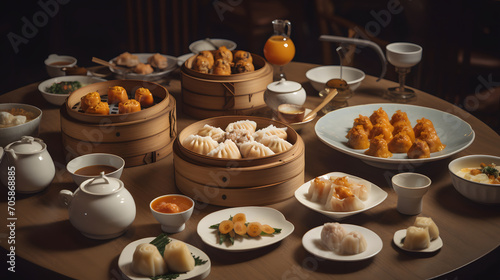 Prawn shrimp shaomai dim sum dumpling in bamboo steamer, Dim sum with shrimp on wooden plate on dark stone table macro close up