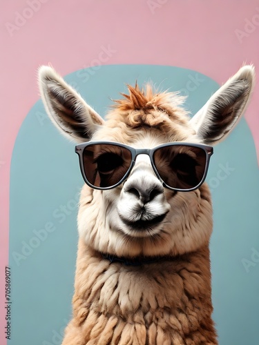 portrait of white llama with sunglasses on pink and blue background. Generative AI.