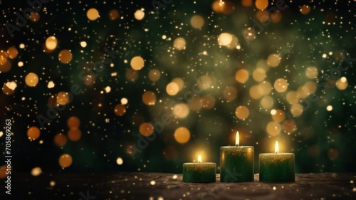 Enchanting Emerald Candles with Festive Bokeh Lights Poster or Sign with Open Empty Copy Space for Text 