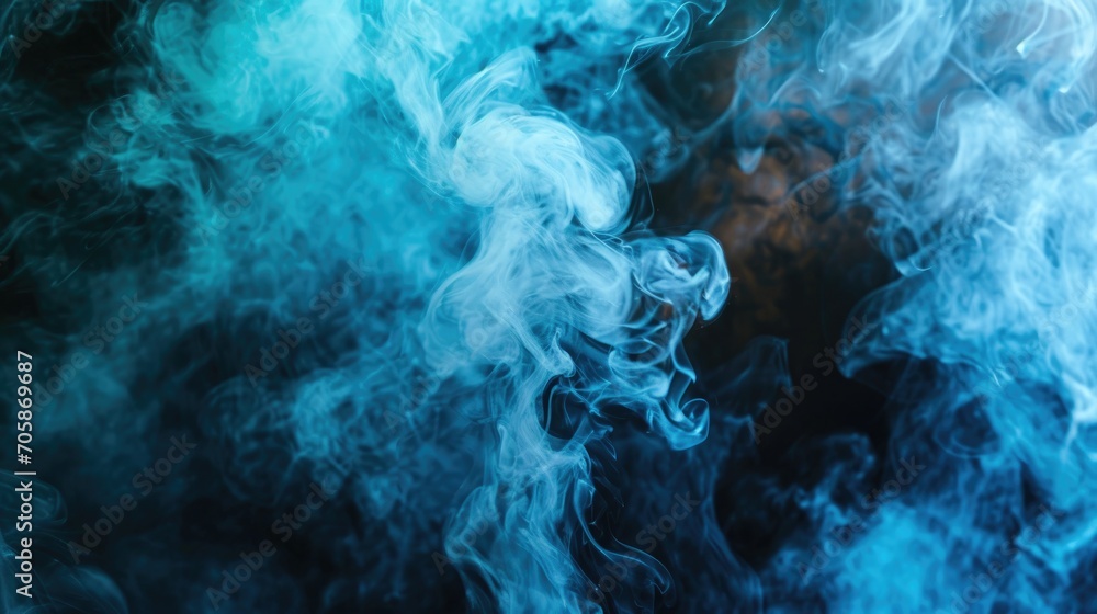 Dense blue smoke on a black isolated background. Background from the smoke of vape