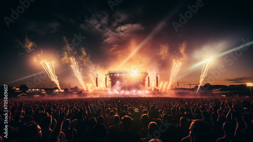 audience at an outdoor concert at stadium arena, Ai generated image.