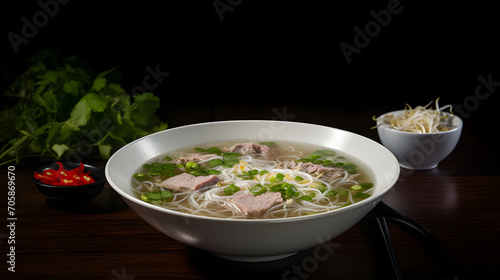 side view of Traditional Vietnamese beef soup pho fill in the bowl garnish with onion and green leaves topping in white bowl with aesthetic background