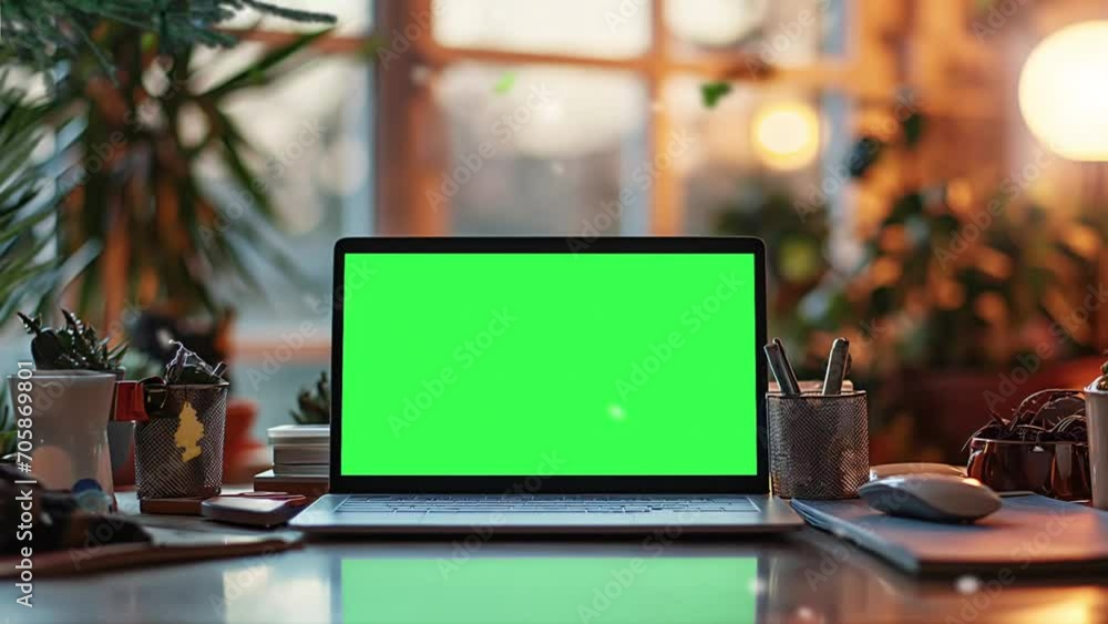 laptop mockup with blank green screen in blurry background laptop mockup with blank green screen in blurry background