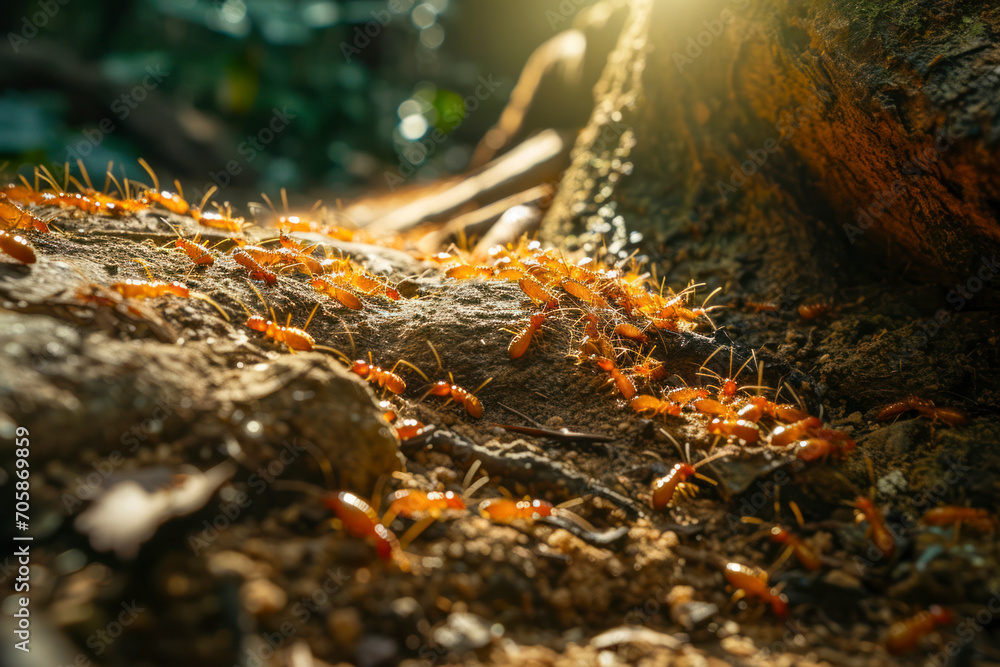 Termite foraging trail, a captivating image featuring a termite foraging trail on a forest floor or other natural setting. Termite foraging trail, a captivating image featuring a termite foraging trail on a forest floor or other natural setting.