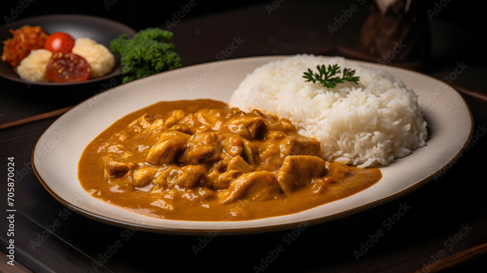 side view of traditional fresh curry with rice fill in the white plate and garnish with green leaf with aesthetic background