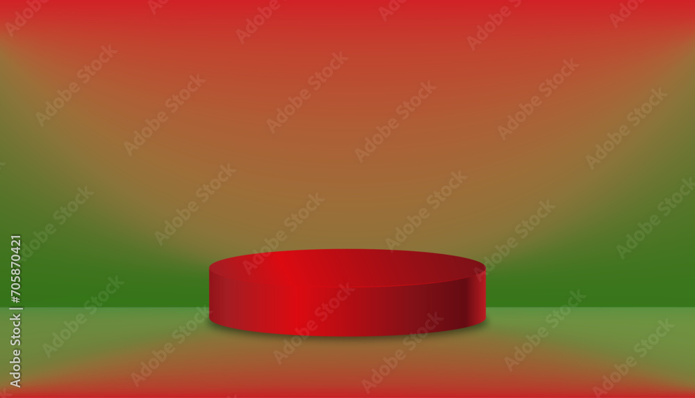 Background Studio with Light,Shadow.Empty Room background with Green,Red gradient on wall and cylinder pedestal podium,Mockup Display for Spring,Summer banner, Backdrop product presentation