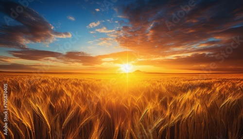 Serene sunrise over vibrant wheat fields with fluffy white clouds against clear blue sky. © Ilja