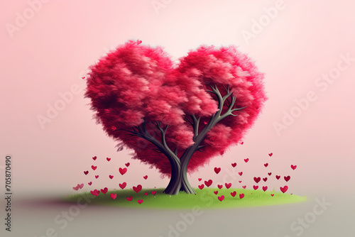 Love Tree: Red Heart-Shaped Tree Branch with Flying Hearts Leaves on Dramatic Sky Sunset Background for Valentine's Day photo
