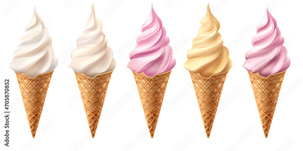 Many different templates Soft serve ice cream in a waffle cone on a transparent background, PNG file. - obrazy, fototapety, plakaty 