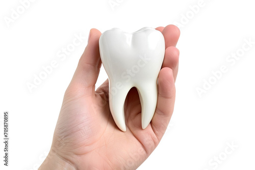 holding a beautiful big tooth on a white background