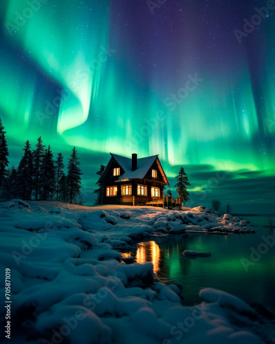 house near a snowy river with northern lights in the sky