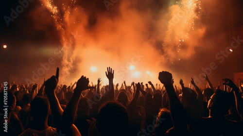 Celebration, concert, party, stage, club, event, night, festival, nightclub, show. night club on the stage has smoke and fire, now for concert festival. Ai generated  Image. © Trendy Three