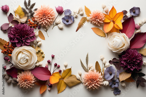 An elegant autumn tableau featuring a clean white frame on a table, surrounded by a profusion of richly colored fall leaves, perfect for your creative copy.