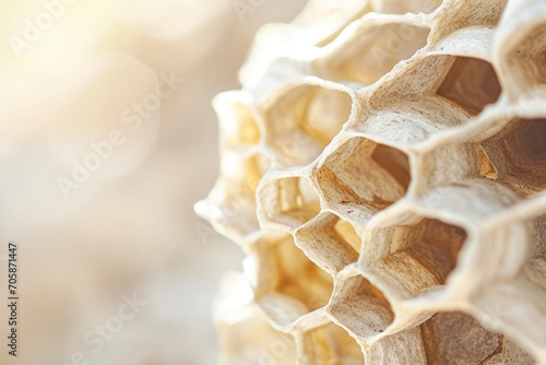 Hornet nest close-up, a detailed shot featuring the intricate structure of a wasp nest. photo